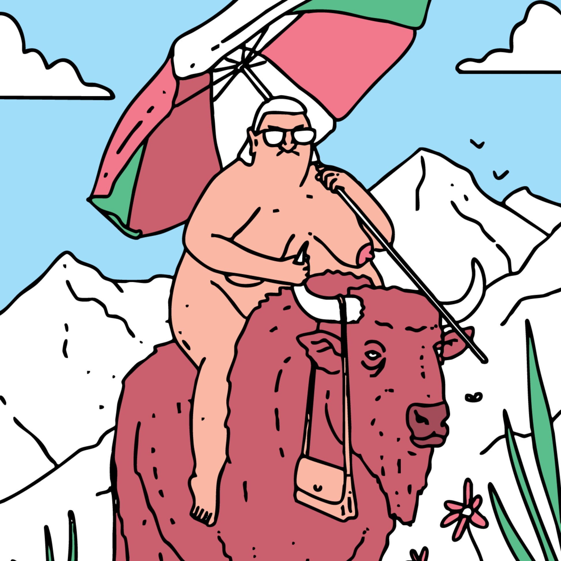 Zoom of the drawing that had a naked old lady on it, who's sitting on a yack and holding a parasol while riding though the desert