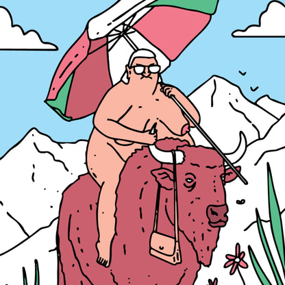 Zoom of the drawing that had a naked old lady on it, who's sitting on a yack and holding a parasol while riding though the desert