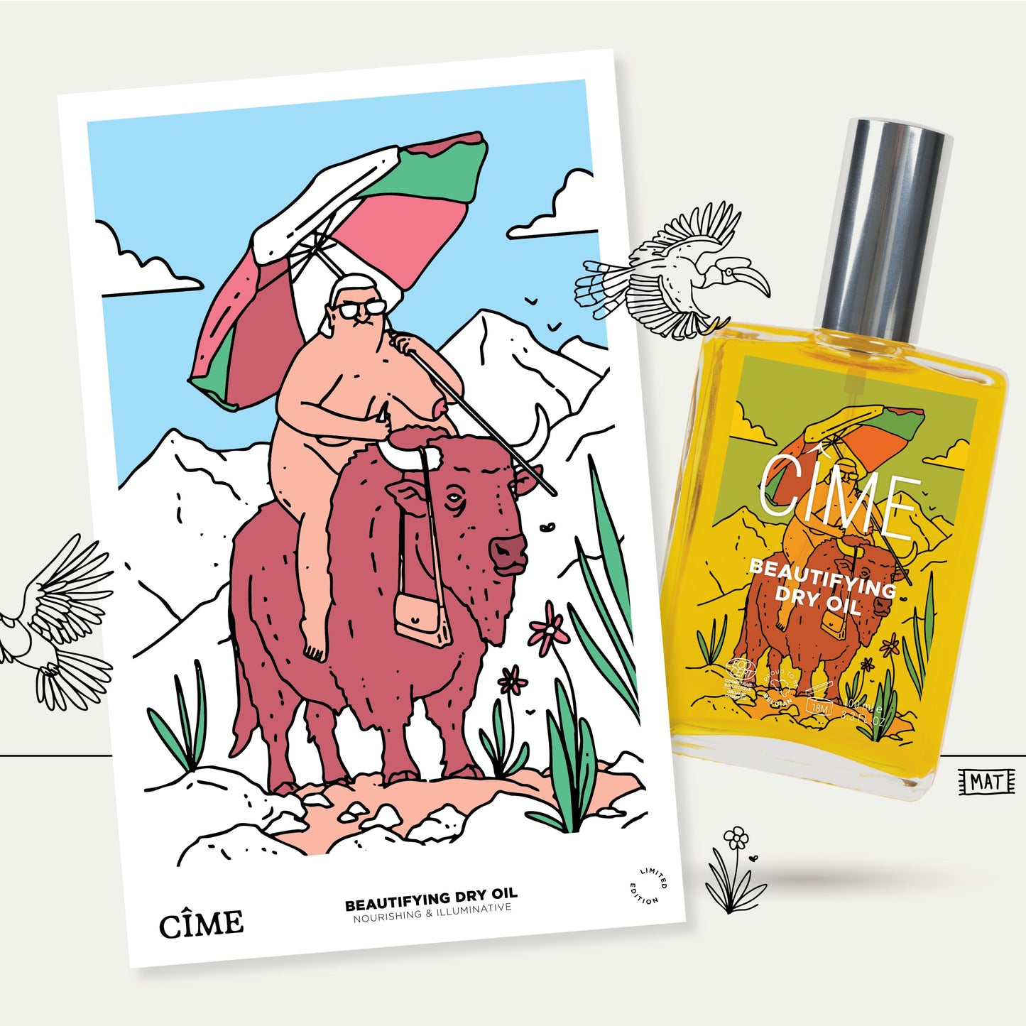 Organic body oil with MAT drawing, postcard with the drawing and designs surrounding body and hair oil