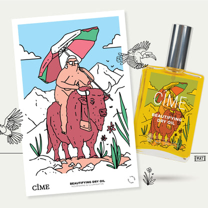 Organic body oil with MAT drawing, postcard with the drawing and designs surrounding body and hair oil