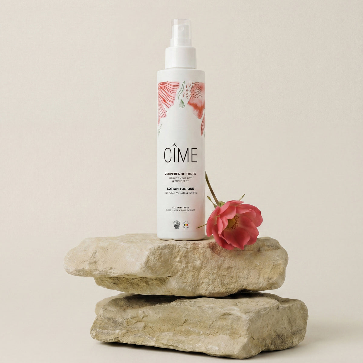 CÎME Purifying Toner – zuiverende tonic met rozenwater op steen