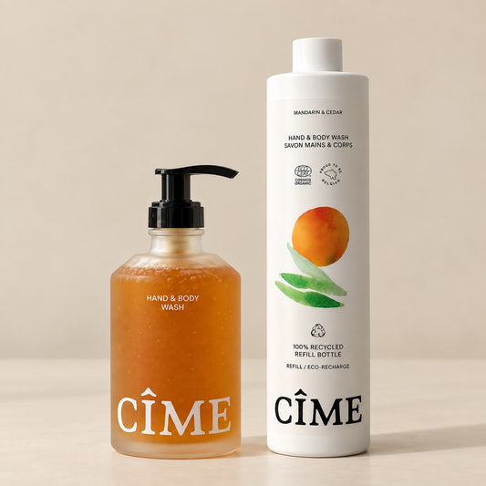 CÎME Hand & Body Wash navulling naast de glazen pompfles